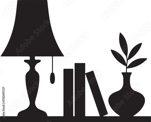 Living Room Shelf Styling Silhouette Lamp Vase Books Icon Set