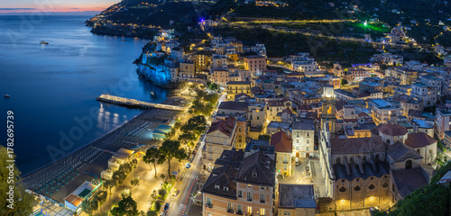 Fototapeta Naklejka Na Ścianę i Meble -  Minori - Amalfi coast - The city with the coast and beach at dusk