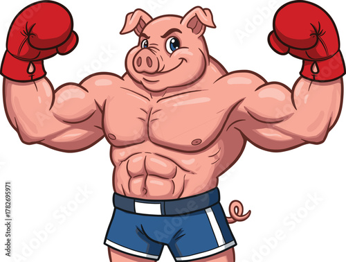Cartoon muscular pig boxer, strong animal mascot, funny sports character, flexing pig illustration, athletic farm animal artwork, playful fitness concept design