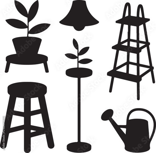 Garden Corner Decor Silhouette Stool Ladder Pot Stand Lamp Watering Can Icon Set
