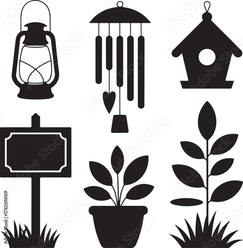 Garden Decor Silhouette Lantern Wind Chime Birdhouse Plant Stand Signboard Stepping Stones Icon Set
