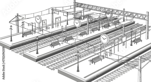 Isometric view of a railway station with platforms and train tracks
