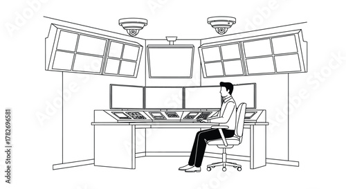 A control room setup with multiple monitors and an operator at work