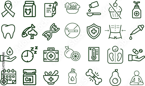 Verdant Vitality: Thin-Line Health & Wellness Icons for Medical Interfaces and Nutritional Lifestyle Applications