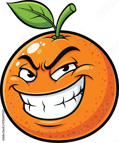 Cartoon orange fruit with funny face, mischievous smile illustration, anthropomorphic citrus artwork, comic style drawing, cad drawing flat vector illustration