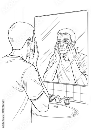 Man applying face mask at sink while looking into mirror