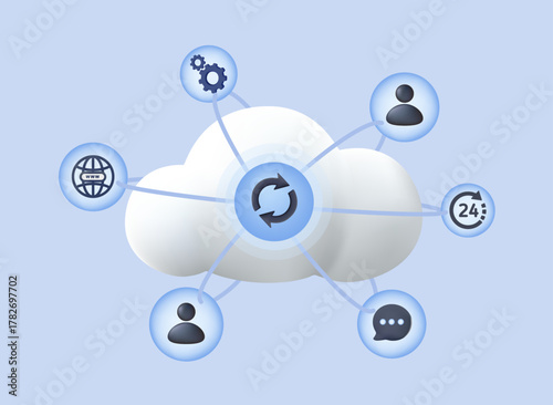 Cloud software concept. Business network. ERP (Enterprise Resources Planning). AWS, cloude computing and servers. Point