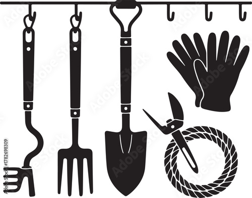 Garden Tool Wall Silhouette Hooks Spade Shovel Pruner Gloves Rope Icon Set