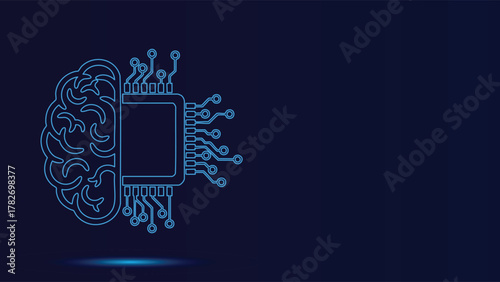 Artificial Intelligence Vector Graphic Featuring Brain and Circuit Board Design on Blue Background - Machine Learning Concept with Technology Elements Illustration