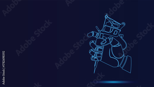 Blue Neon Tattoo Machine Outline Vector Graphic Artists Hand Holding Tattoo Gun - Professional Tattooing Equipment Creative Design Body Art Illustration