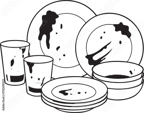 dirty glasses and plates collection on white backgraound