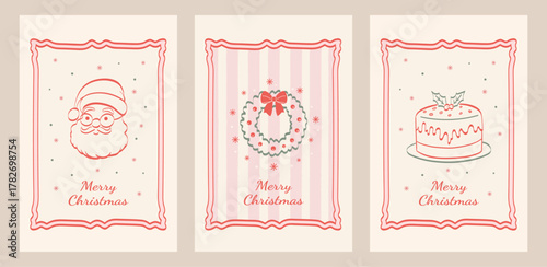Hand-drawn vintage ink Christmas card set with festive frames, ribbons, bow, wreath, snowflakes, Santa, pudding, and lettering. A minimalist coquette doodle-style perfect for Xmas posters and cards.