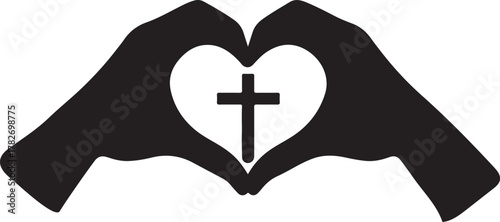  Hand making heart symbol with cross in the center silhouette vector