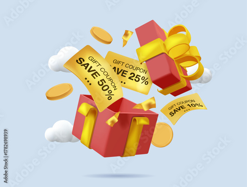 Red open gift box with yellow ribbon, big sale, discount voucher, coins. Holiday shopping and celebration. 3d vector