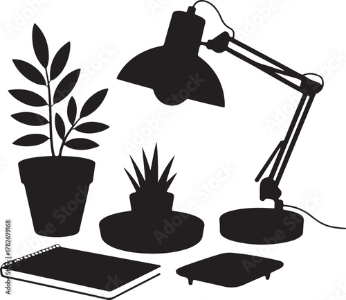 Garden-Inspired Workspace Silhouette Pot Lamp Notebook Tray Desk Icon Set