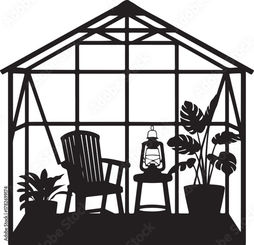 Greenhouse Corner Setup Silhouette Chair Pot Lantern Stool Icon Set