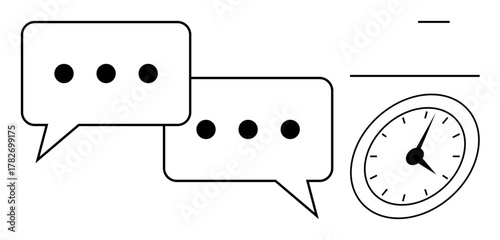 Speech bubbles and a classic analog clock conceptually highlight timely communication and productivity. Ideal for business, collaboration, deadlines, organization, strategy, planning, and efficiency