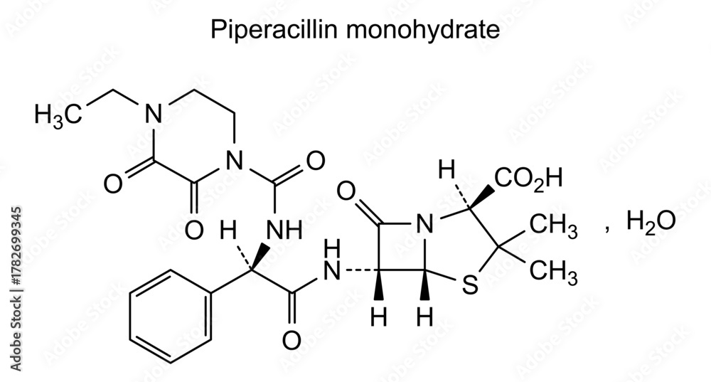 Fototapeta premium Piperacillin monohydrate, chemical structure of piperacillin monohydrate, drug substance