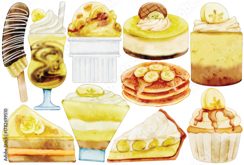 Watercolor Banana Dessert Clip Art Set Sweet Food Bakery Cafe Menu Banana Split Popsicle Ice Cream Frappe Sundae Cheesecake Pancake Pie Cupcake Tart Illustration