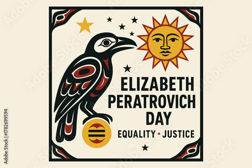Indigenous raven and sun illustration celebrating elizabeth peratrovich day equality and justice