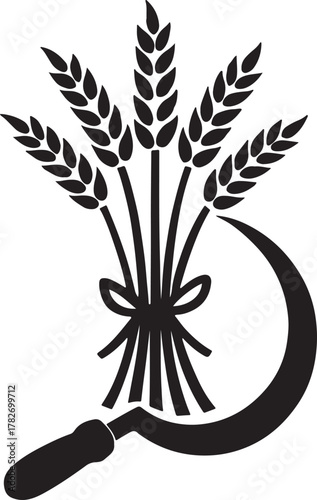  Sheaf of wheat and sickle representing agriculture and harvest season prosperity and growth silhouette vector