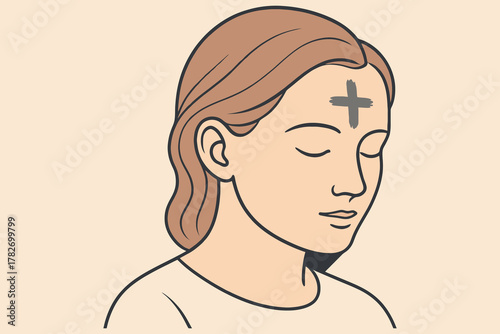 Woman with ash cross on forehead in religious observance and reflection