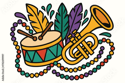 Vibrant mardi gras celebration with drum trumpet feathers and beads