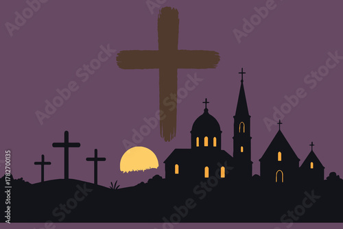 Christian crosses and church silhouettes against a sunset sky with a full moon