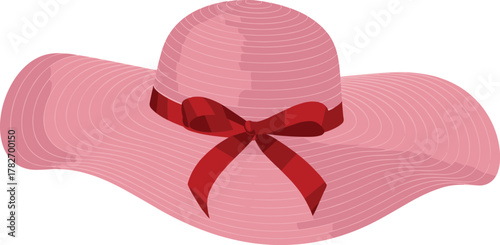 Elegant pink wide brim hat with red ribbon, stylish summer fashion accessory illustration, feminine design, cad drawing flat vector illustration