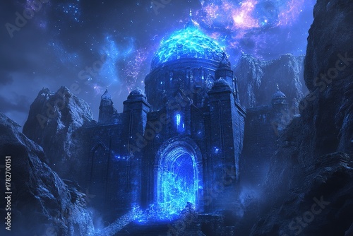 ancient castle with a temple dome glowing with blue magical energy