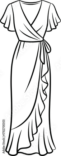 Elegant wrap dress fashion illustration with flutter sleeves, tied waist, cascading ruffle skirt, and flared hemline – black and white vector garment sketch