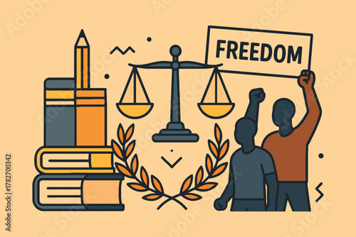 Symbolic illustration of justice education and the pursuit of freedom through protest and knowledge