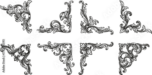Elegant vintage corner ornament set with floral scrolls and baroque engraving for decorative frames, invitations, architecture, and graphic design projects