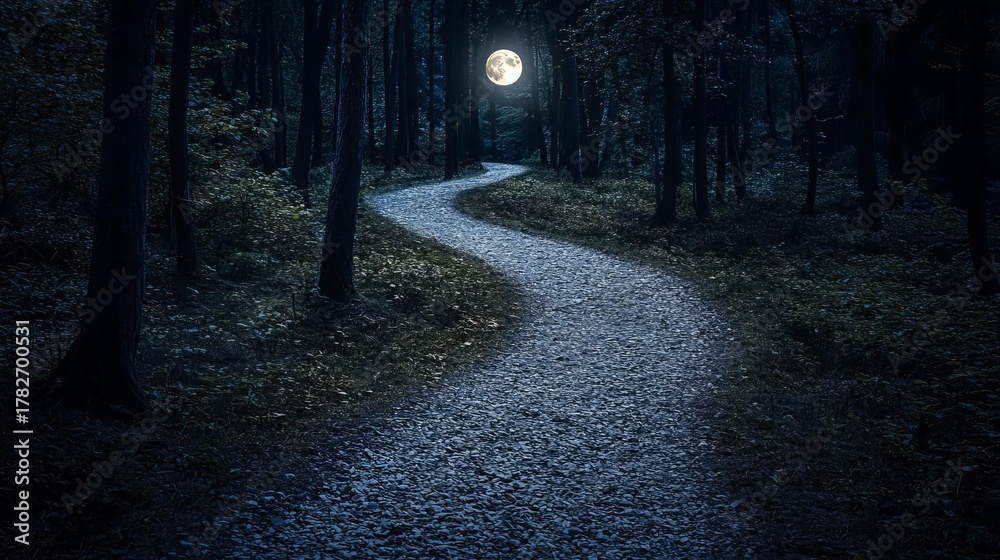 Obraz premium Moonlit forest path winding through dark trees with full moon overhead.