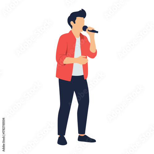 Flat vector illustration of a female singer performing on stage with microphone