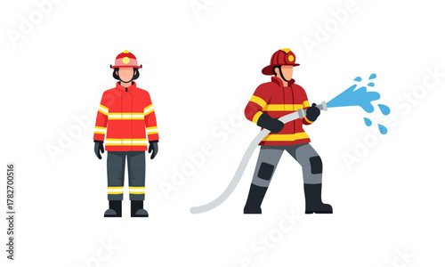 Flat vector illustration of firefighters in uniform extinguishing fire