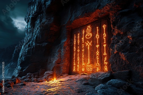 ancient temple carved into the side of a castle cliff with glowing runes