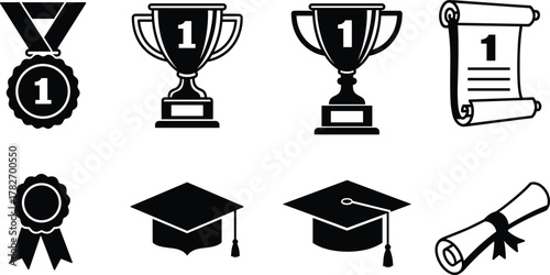 Academic achievement icon vector set—medals, trophies, scrolls, and graduation caps with “1” symbols for education and celebration compositions