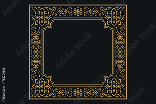 Ornate golden islamic geometric frame with arabesque flourishes on dark background