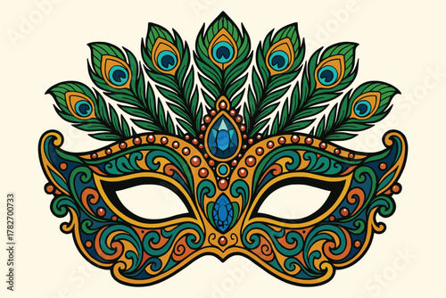 Ornate venetian masquerade mask adorned with peacock feathers and jewels