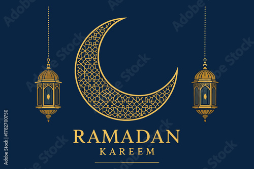 Golden crescent moon and lanterns for ramadan kareem celebration on dark blue background