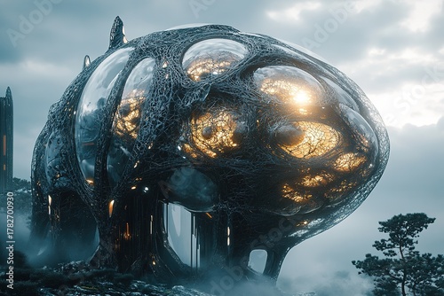 bio-mechanical alien structure resembling a giant insect nest