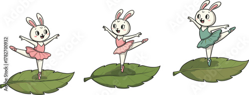 Cute cartoon bunny ballerinas dancing gracefully on green leaves, adorable rabbit ballet dancers illustration, nature performance concept art