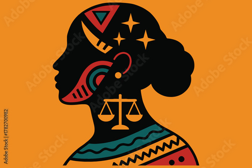 Stylized silhouette of a black woman s head with symbolic decorations and scales of justice