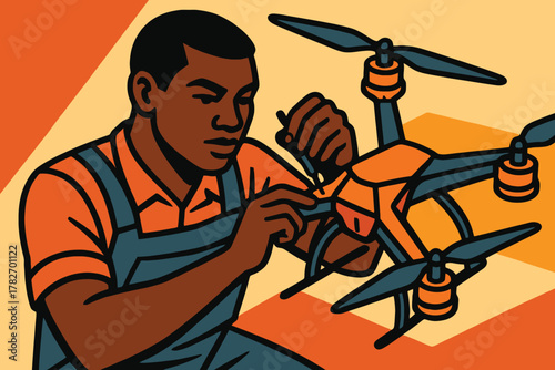Young black man in overalls assembling and repairing a drone with focus and concentration