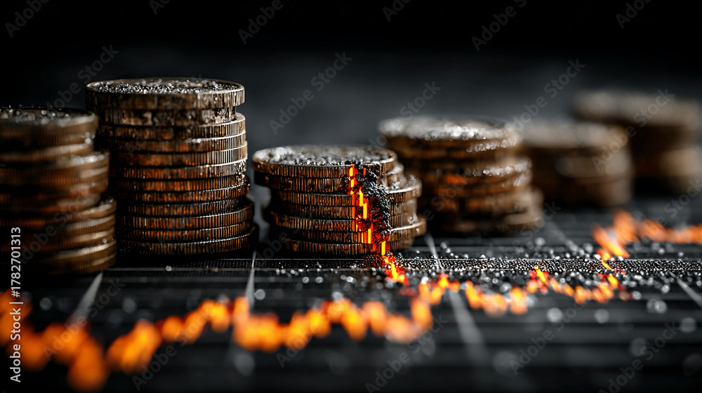 Fototapeta premium Financial turbulence under bad economy pushes down sales, raises cost burdens, weak cash flow, material inflation, constrained budgets, supply issues, delayed projects, cautious management.