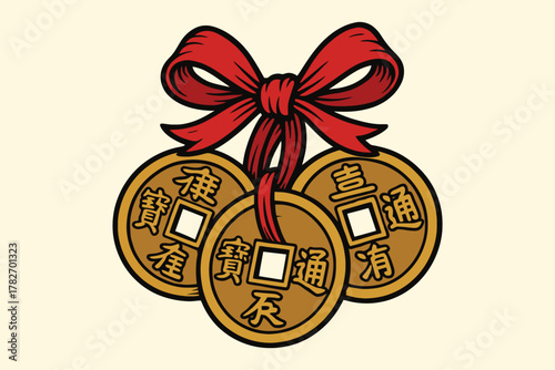Traditional chinese lucky coins tied with a red ribbon and bow for good fortune and prosperity