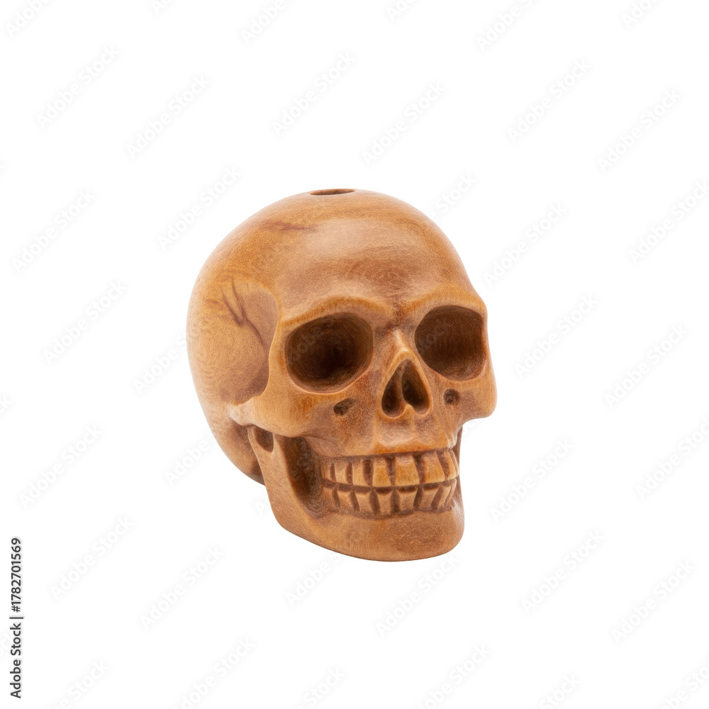 Obraz premium Detailed wood skull, a striking anatomical representation of the human skull crafted in wood