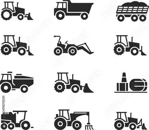 Farm tractor and agricultural machinery glyph icons set with dump truck, trailer, loader, sprayer, harvester and warehouse storage for modern farming infographics