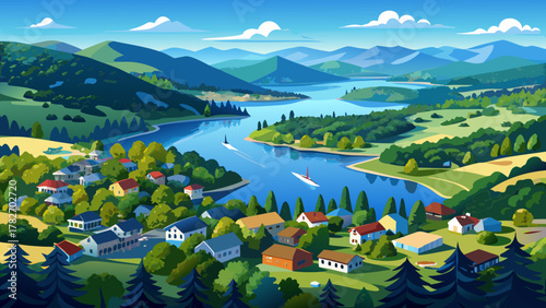 Very beautiful panoramic aerial view of Deep Creek Lake in McHenry, Maryland, USA, featuring calm blue water, forested hills, shoreline homes, and a serene realistic mountain-lake landscape under brig